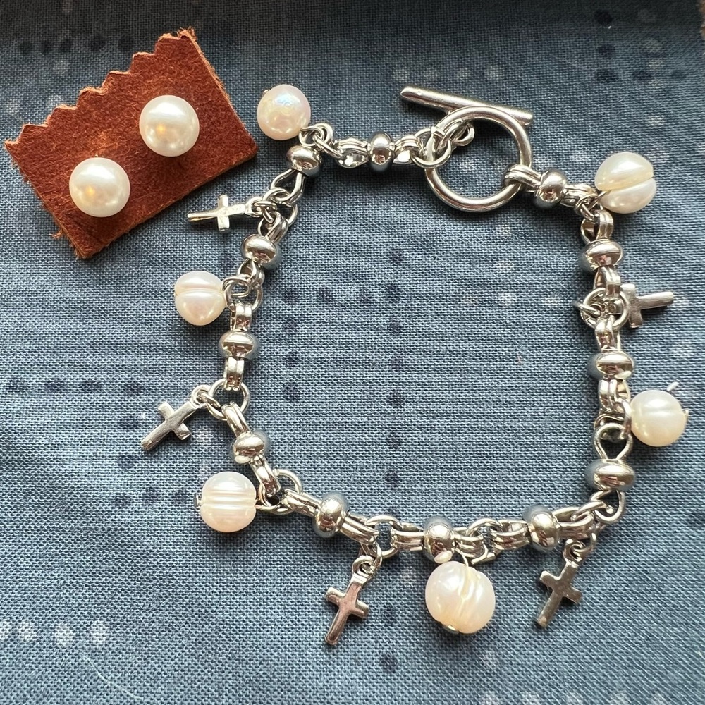Pearl Silver Cross Bracelet Earring Set - …